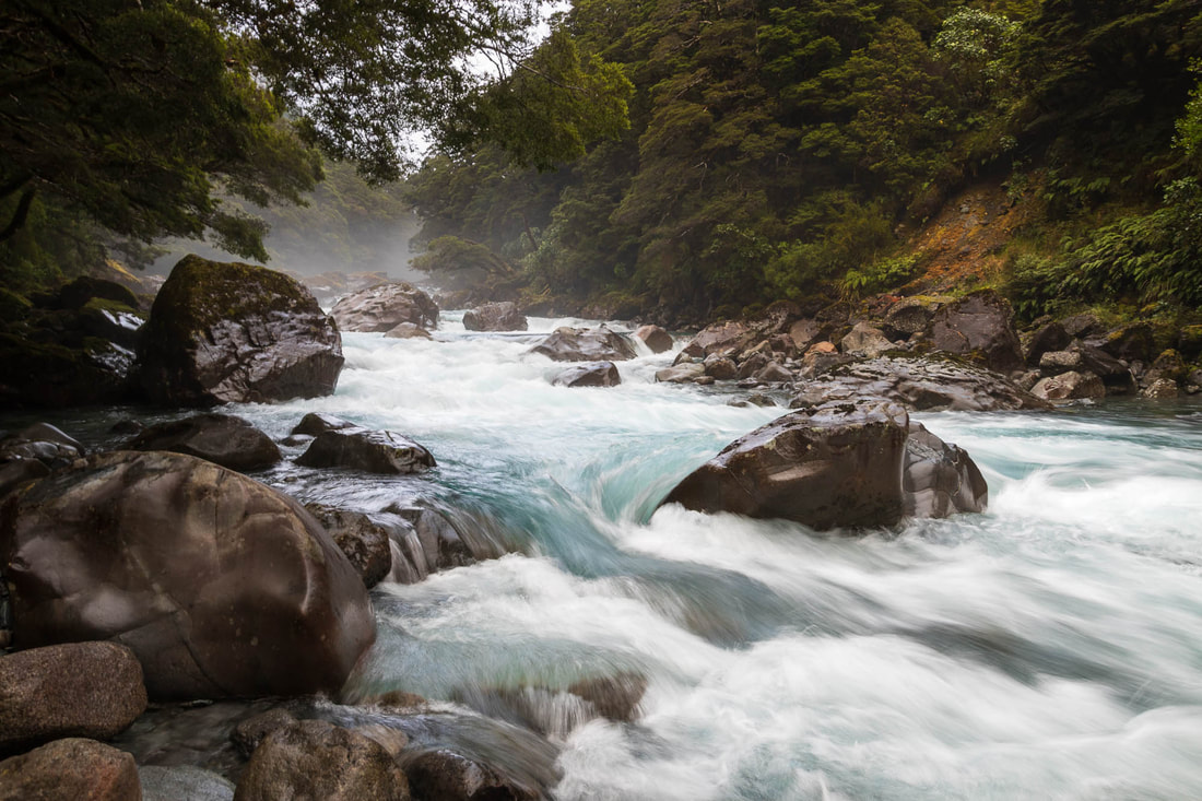 Long-exposure view of the Hollyford River in Fiordland, New Zealand
