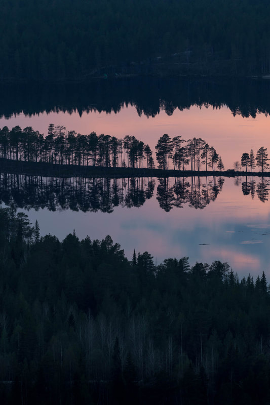 Silhouette landscape shot of pines on a ridge in the middle of a distant lake, taken from a hill, in eastern Finland