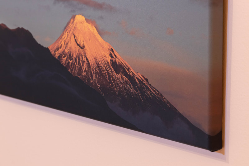 Detailed view of a canvas print showing Mount Taranaki, in New Zealand